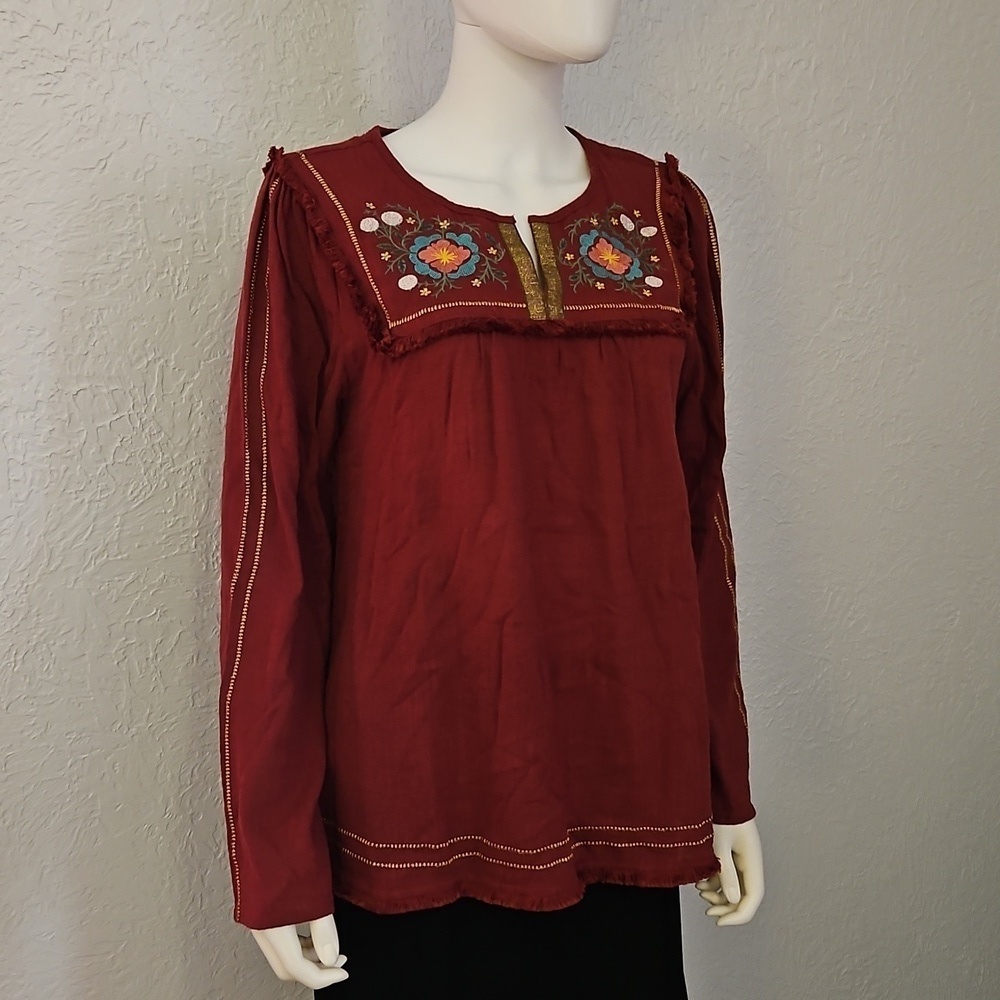 GRACE & LACE Floral Mexican Embroidered Maroon Fringe Long Sleeve Cotton Top - Picture 2 of 12